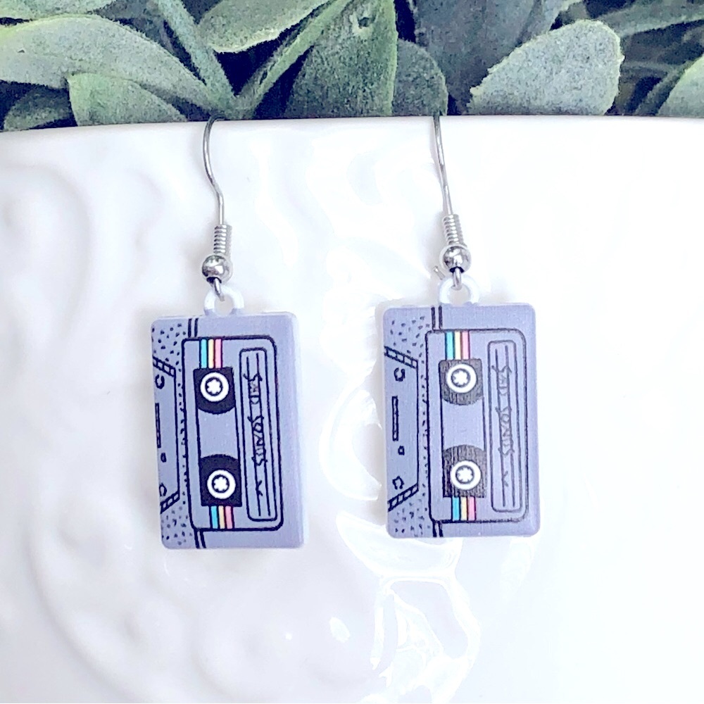 New 90s Retro Mini Music Cassette Tape Dangling Handmade Earrings  Retro Grey